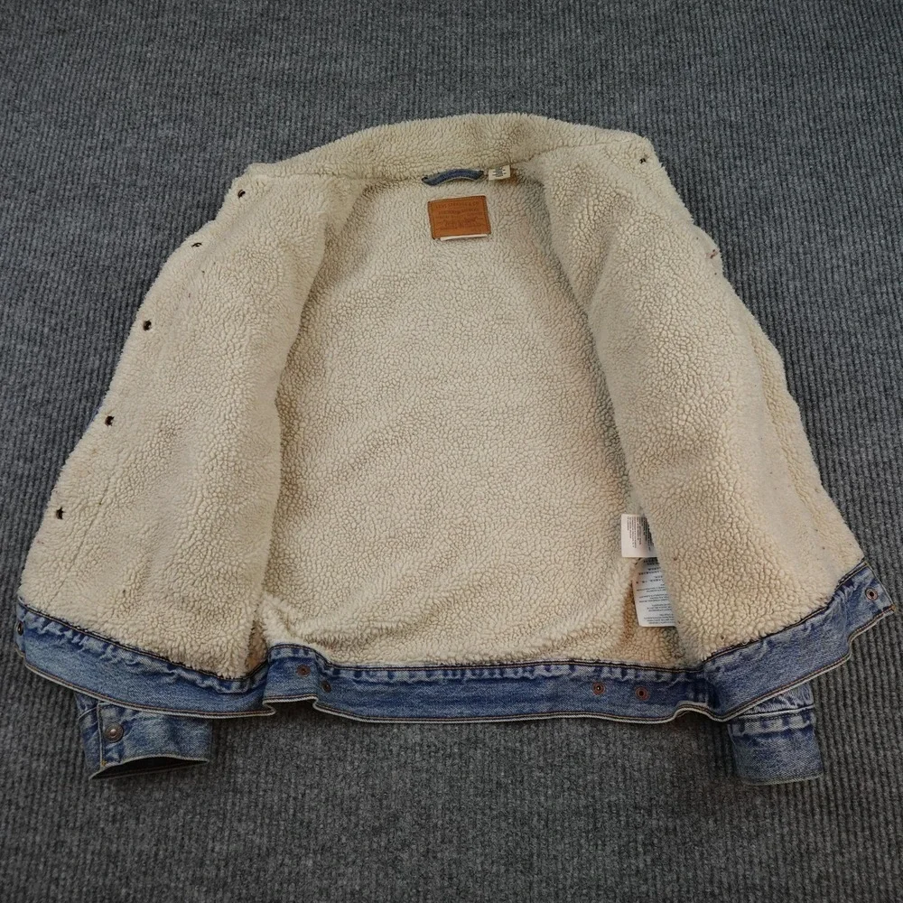 Levis Premium Denim Jacket Mens Small Blue Sherpa Lined Bomber Button Insulated